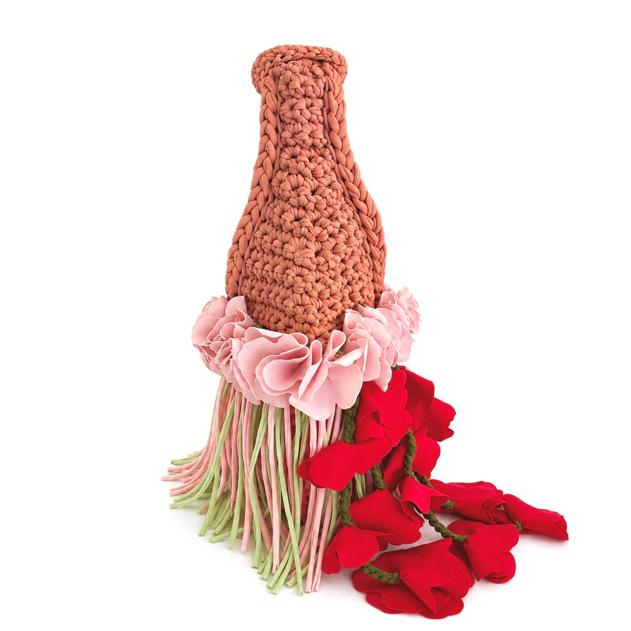 Handmade pink and tan strawberry suede crochet whimsy mini bag with floral fringe and braided tulip red cascading petal bells.