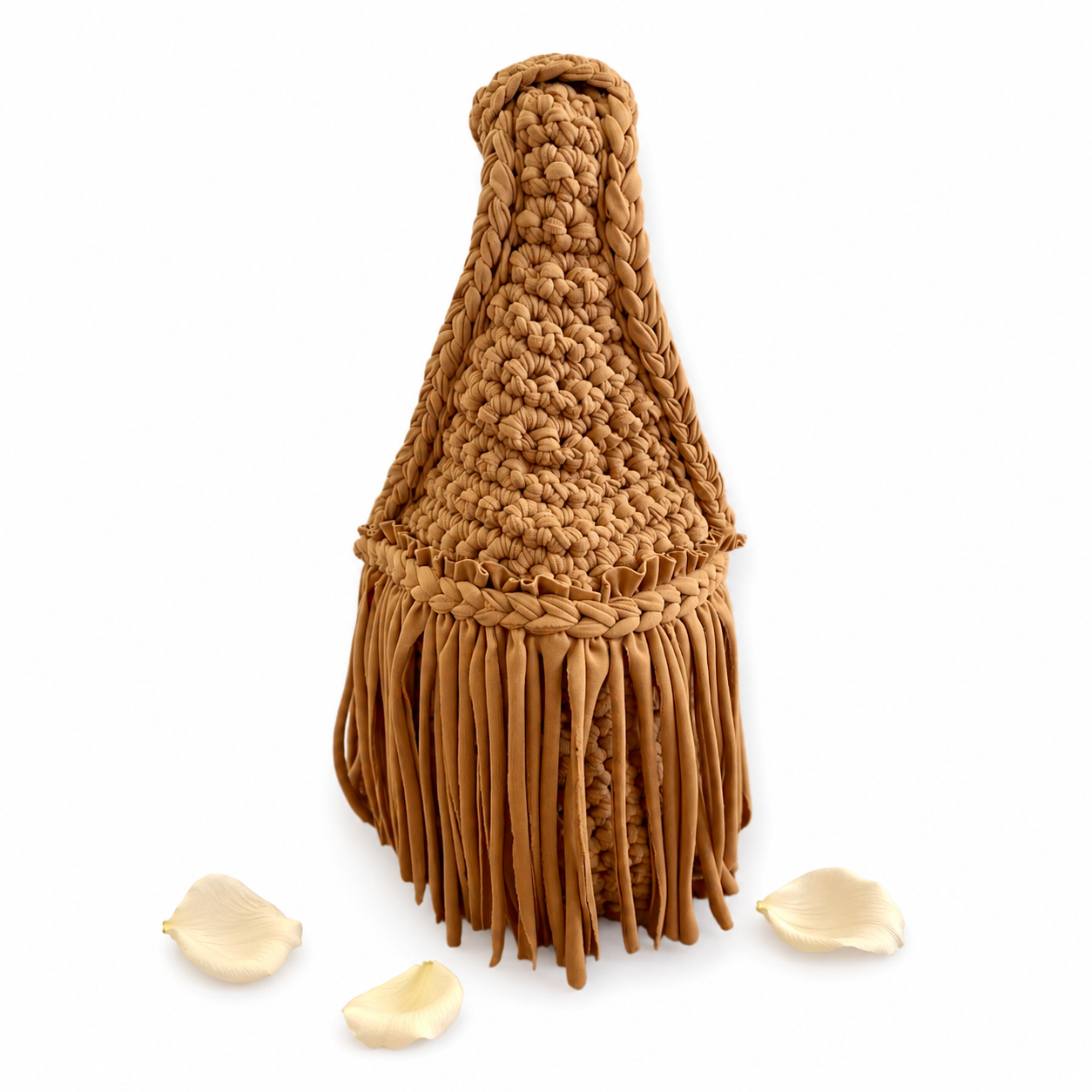 Handmade hazelnut brown crochet fringe mini bag purse. 