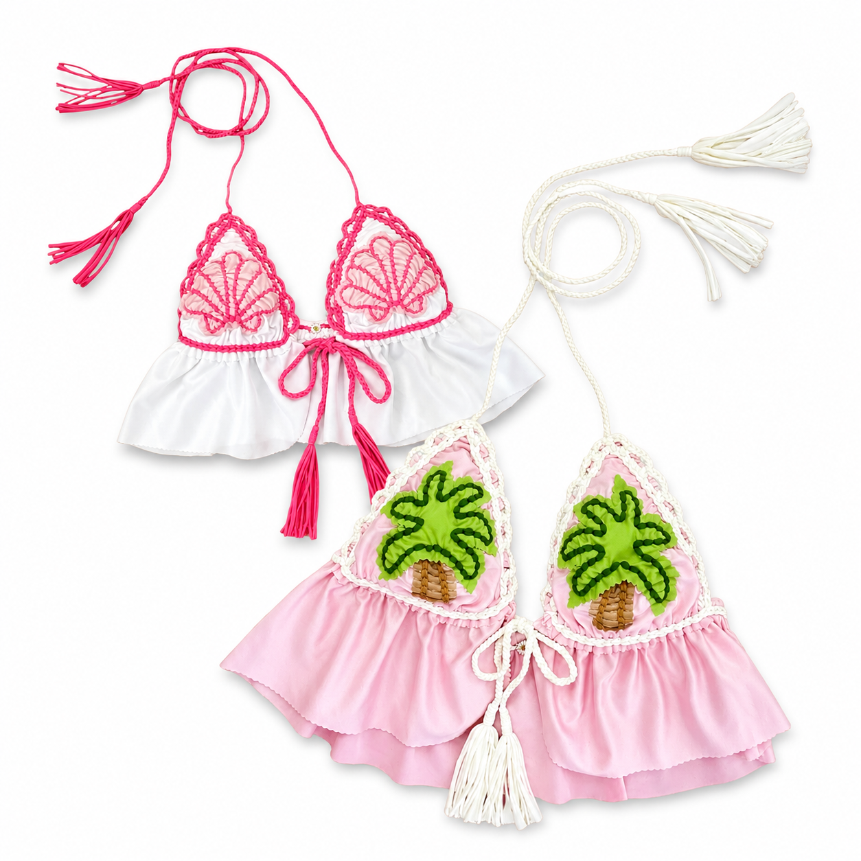 Handmade pink and white tropical crochet triangle halter top