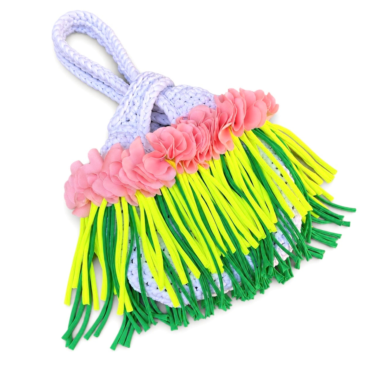 Handmade Gardenia white crochet mini swing bag with Petal pink flowers and neon yellow and green fringe with a loop-through wristlet handle.