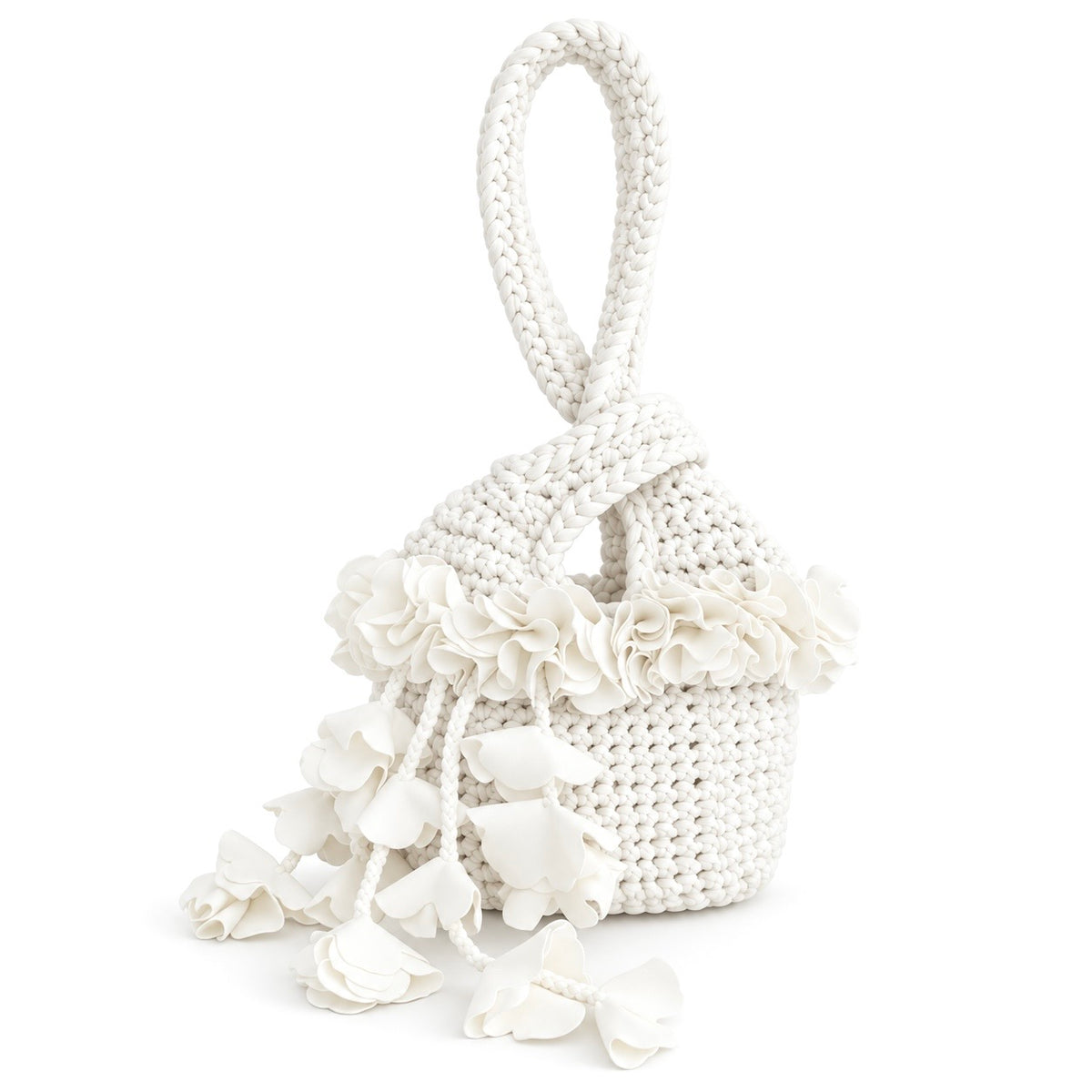 Handmade crochet petal bell mini swing bag in gardenia white with a loop through wristlet handle and cascading petal trim. 