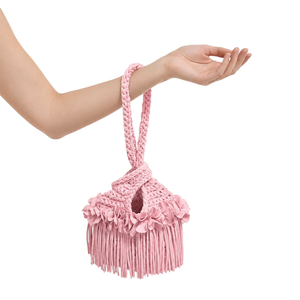 Handmade petal pink crochet flower fringe mini swing bag