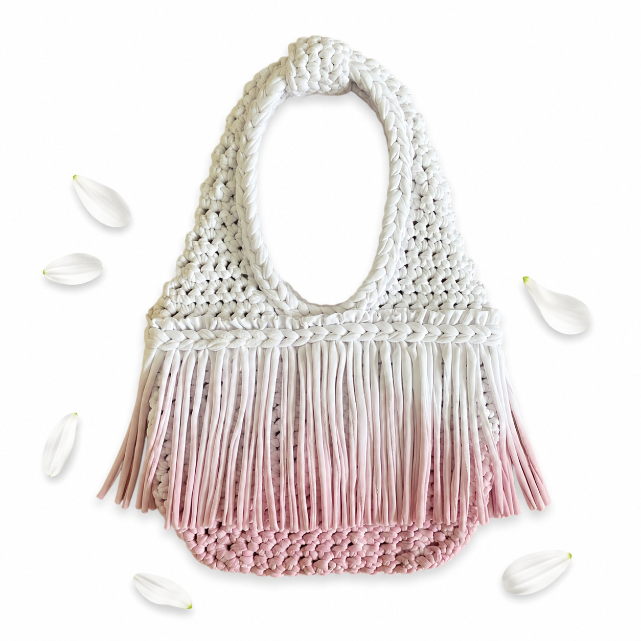 Handmade rosewater ombre pink crochet fringe mini clutch bag