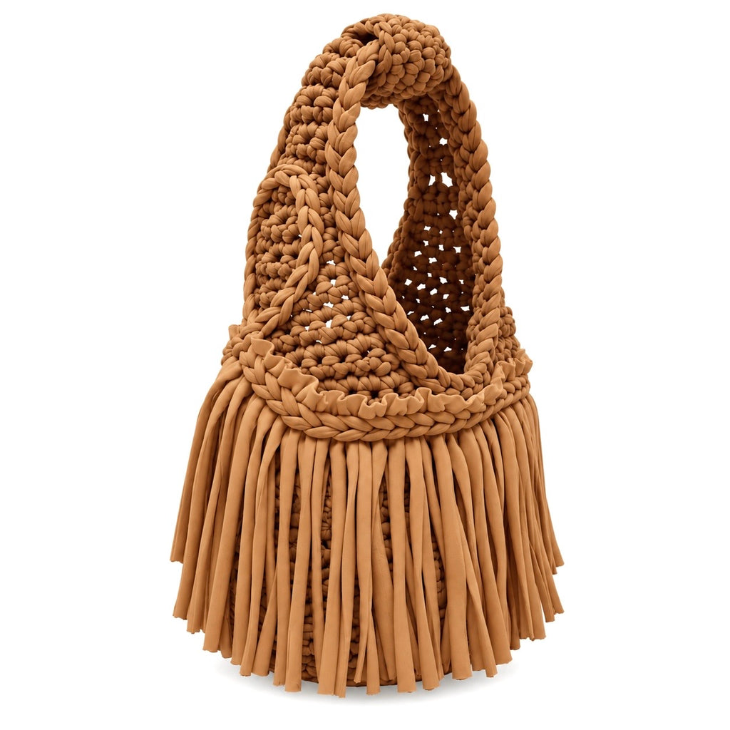 Handmade Hazelnut brown crochet fringe mini bag with flowing fringe and a braided handle.
