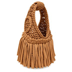 Handmade Hazelnut brown crochet fringe mini bag with flowing fringe and a braided handle.
