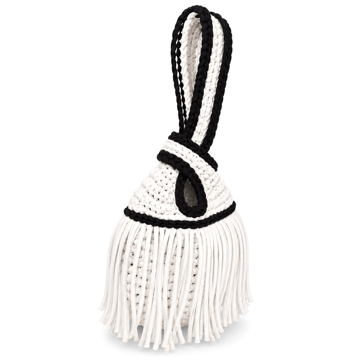 Handmade crochet mini swing bag in Gardenia white with flowing fringe, Onyx black trim and a loop-through wristlet handle.