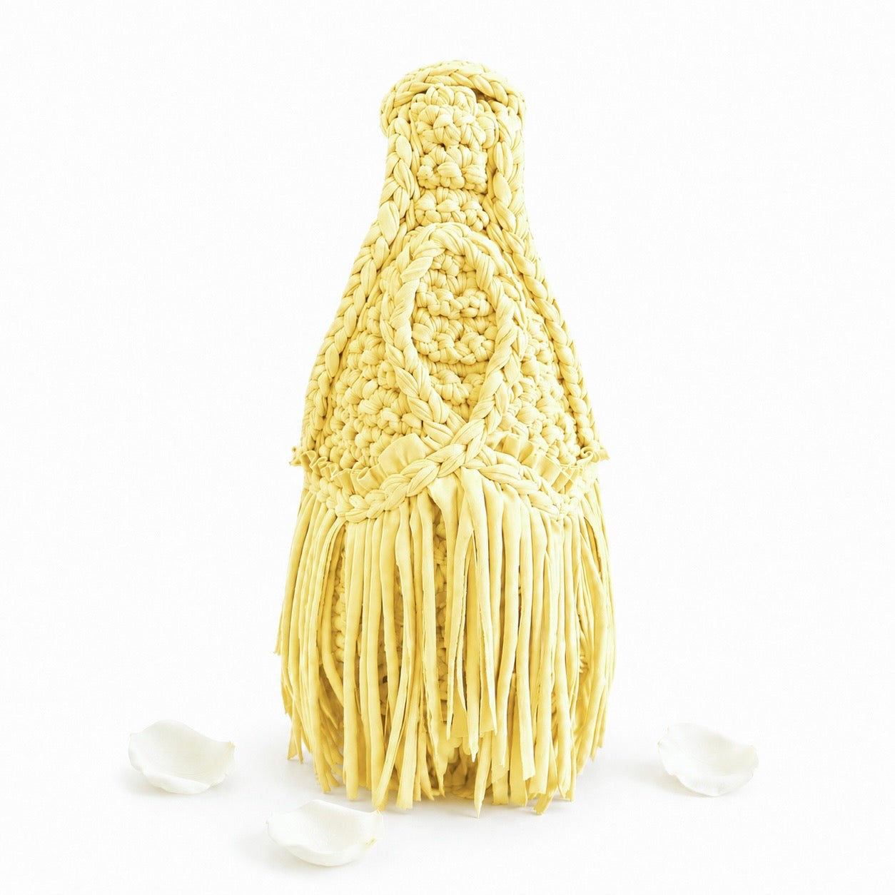 Handmade Daffodil light yellow crochet fringe mini bag made with stretch nylon/spandex. 