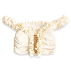 Magnolia cream off-the-shoulder flower lei tube top with floral trim and hand-crocheted lace-up center detail.
