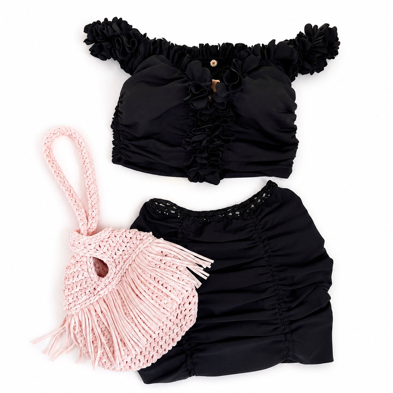 Crochet Petal pink fringe mini swing bag, handmade with stretch nylon/spandex. 