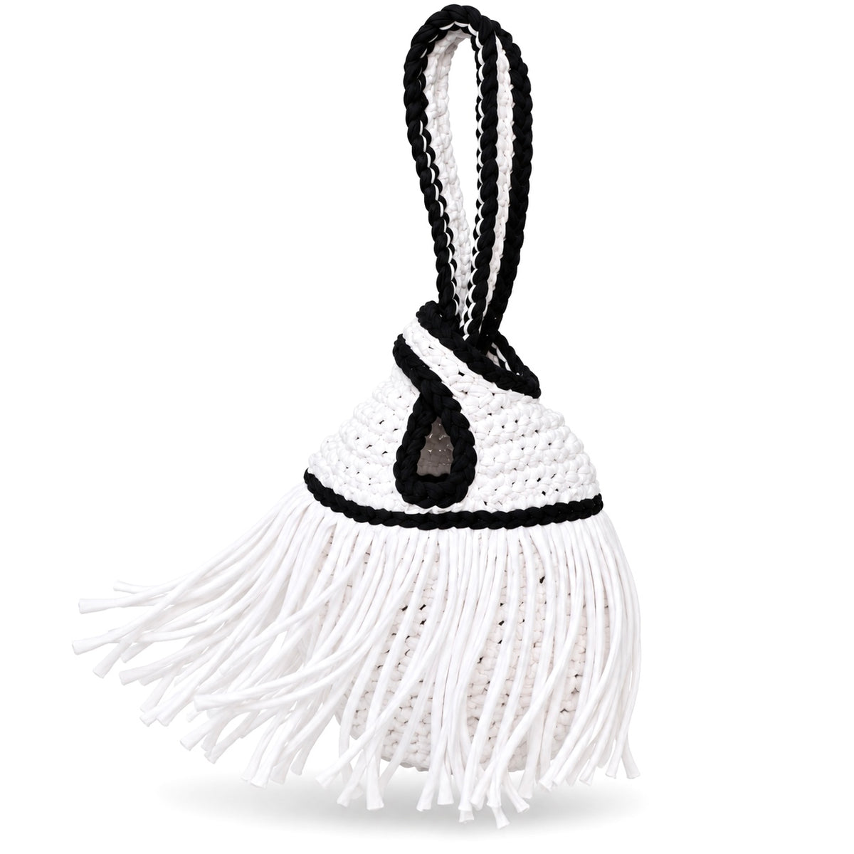 Handmade crochet mini swing bag in Gardenia white with flowing fringe, Onyx black trim and a loop-through wristlet handle.