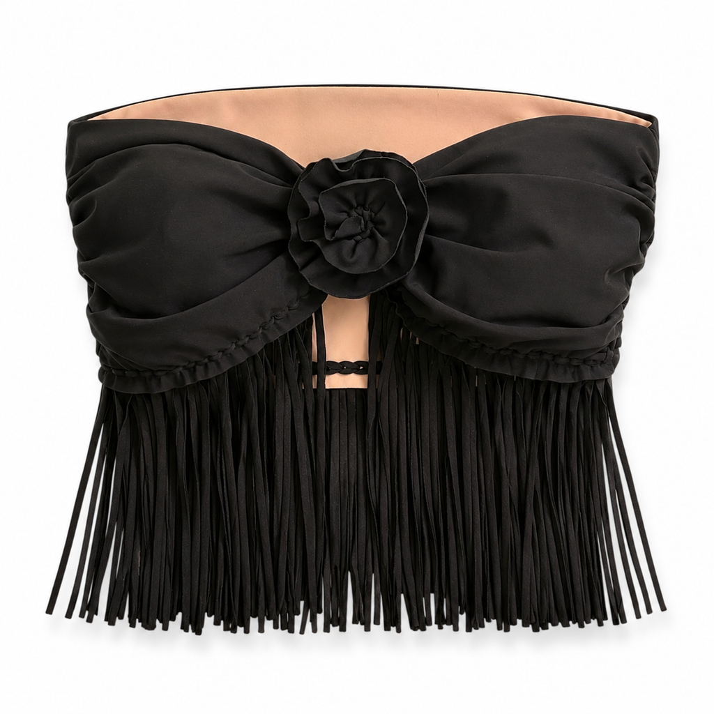 Reversible handmade onyx black fringe rose bandeau top