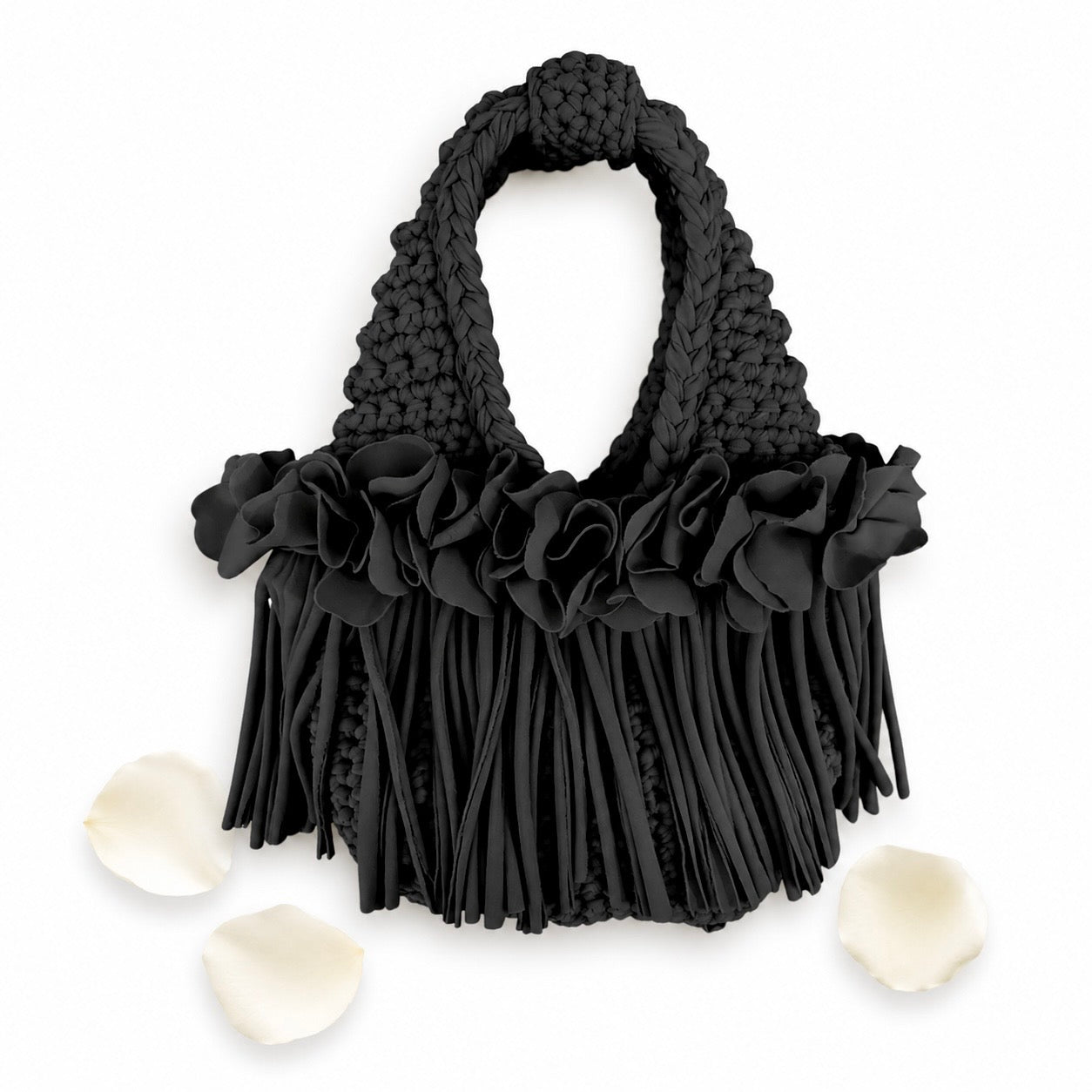 Crochet Onyx black flower fringe mini bag, handmade with stretch nylon/spandex. 