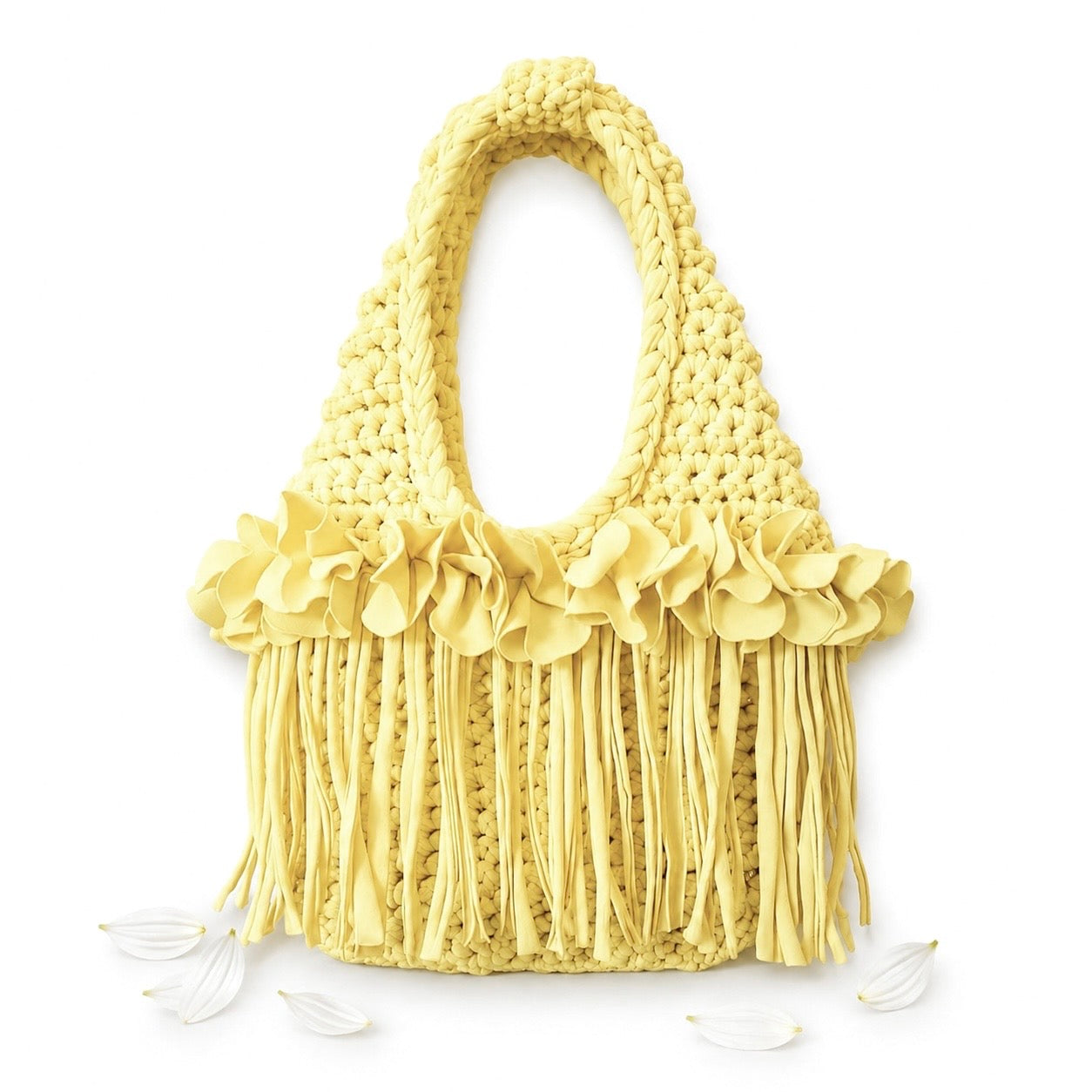 Crochet Daffodil light yellow flower fringe mini bag, handmade with stretch nylon/spandex. 