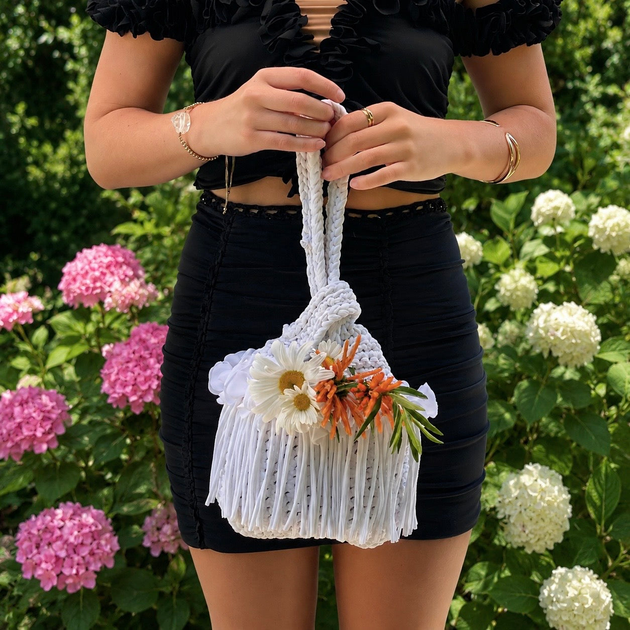 Handmade gardenia white crochet flower fringe mini swing bag