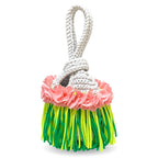 Handmade Gardenia white crochet mini swing bag with Petal pink flowers and neon yellow and green fringe with a loop-through wristlet handle.
