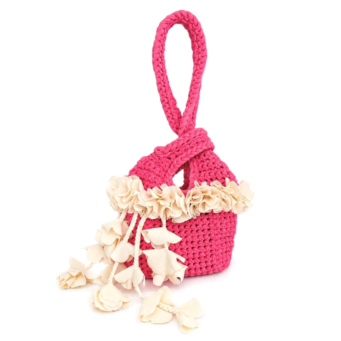 Handmade hibiscus hot pink and magnolia cream crochet petal bell floral mini bag