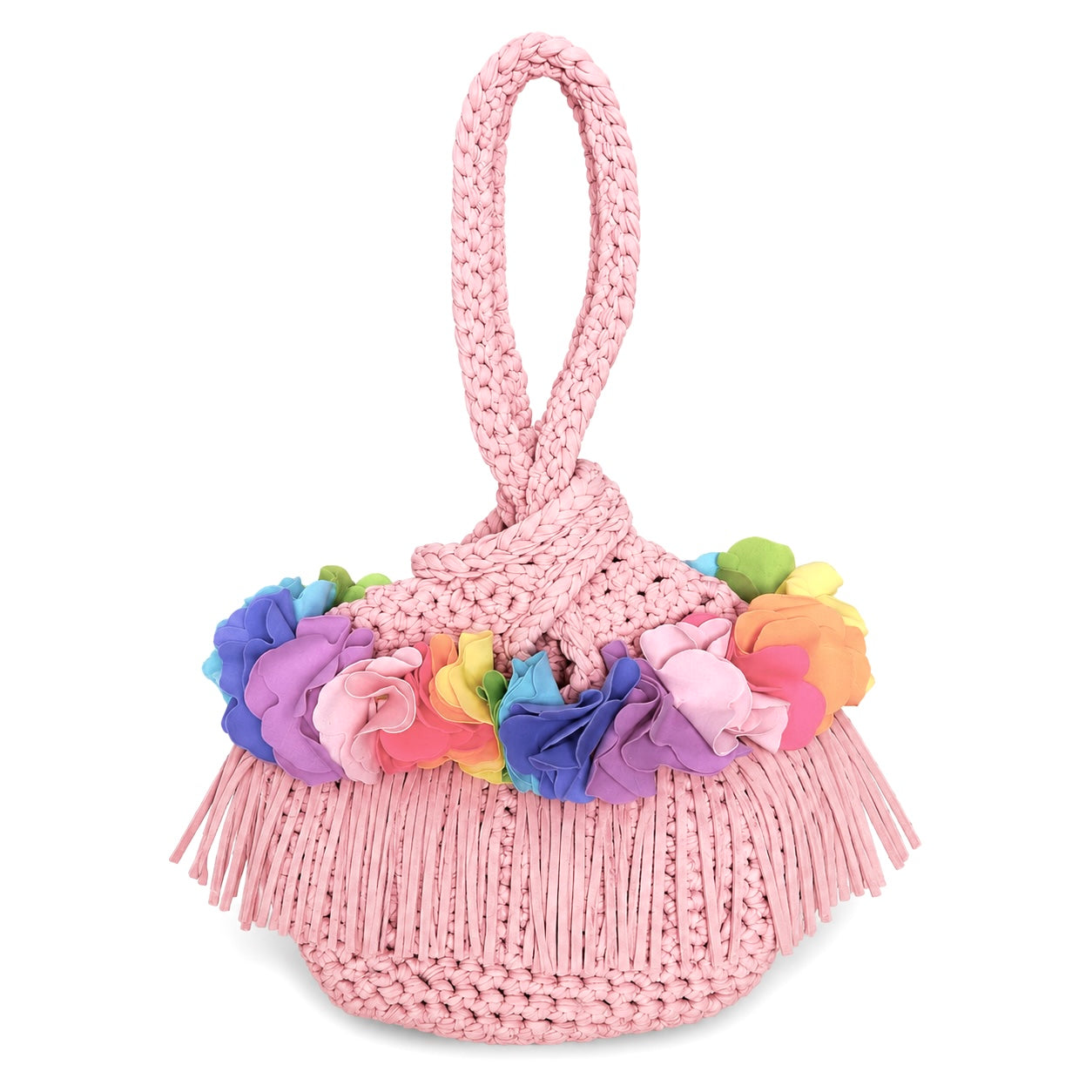 Handmade petal light pink crochet rainbow flower fringe mini swing bag. 