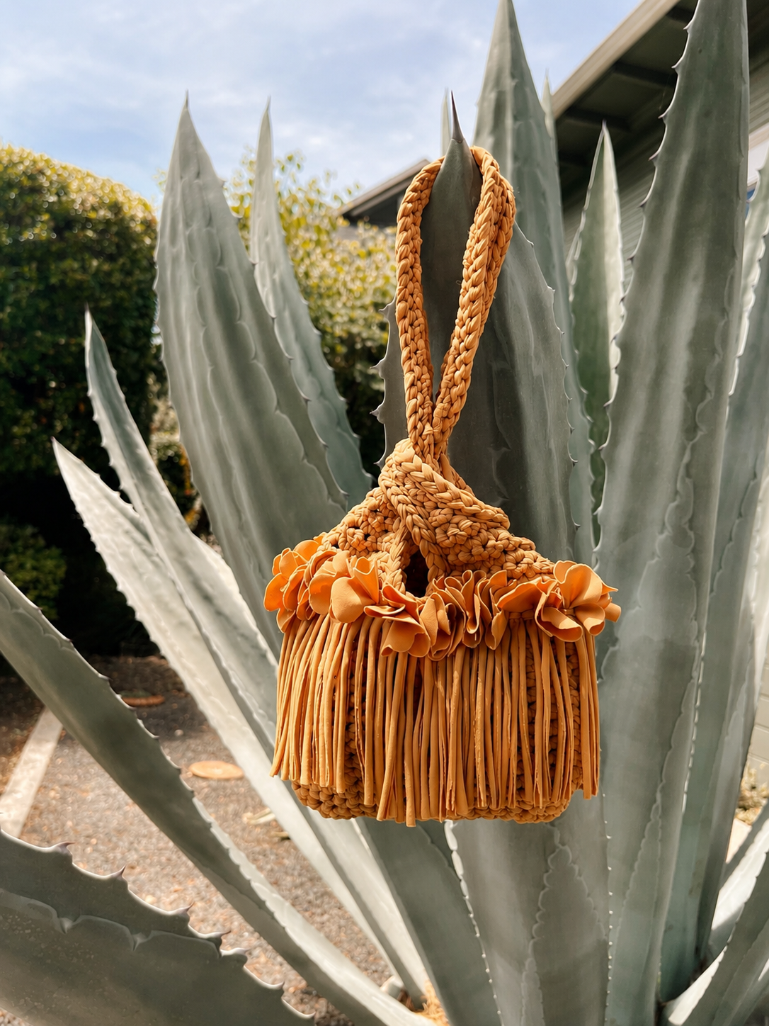 Handmade hazelnut brown crochet flower fringe mini swing bag