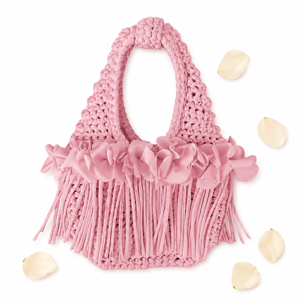 Crochet Petal pink flower fringe mini bag, handmade with stretch nylon/spandex. 