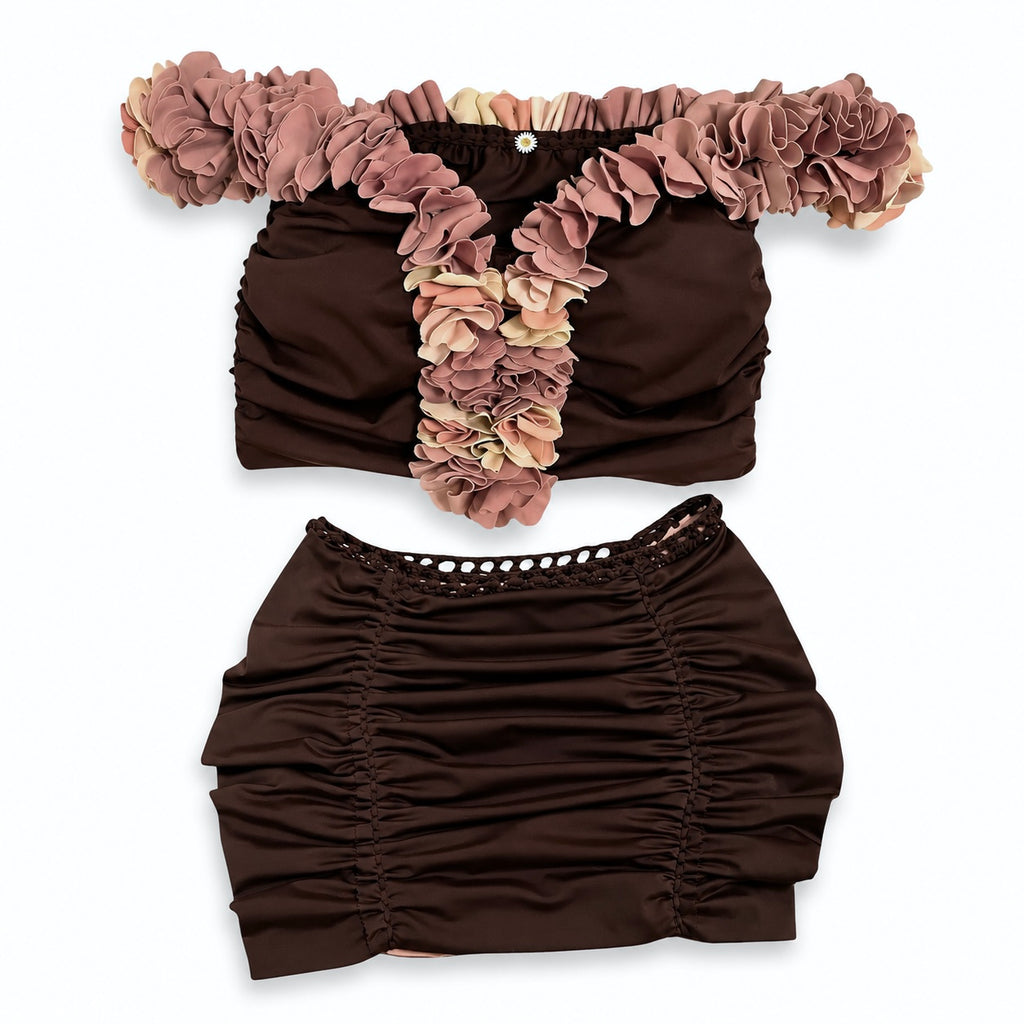 Handmade coconut brown flower lei off-the-shoulder top and mini skirt matching set