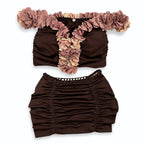 Handmade coconut brown flower lei off-the-shoulder top and mini skirt matching set