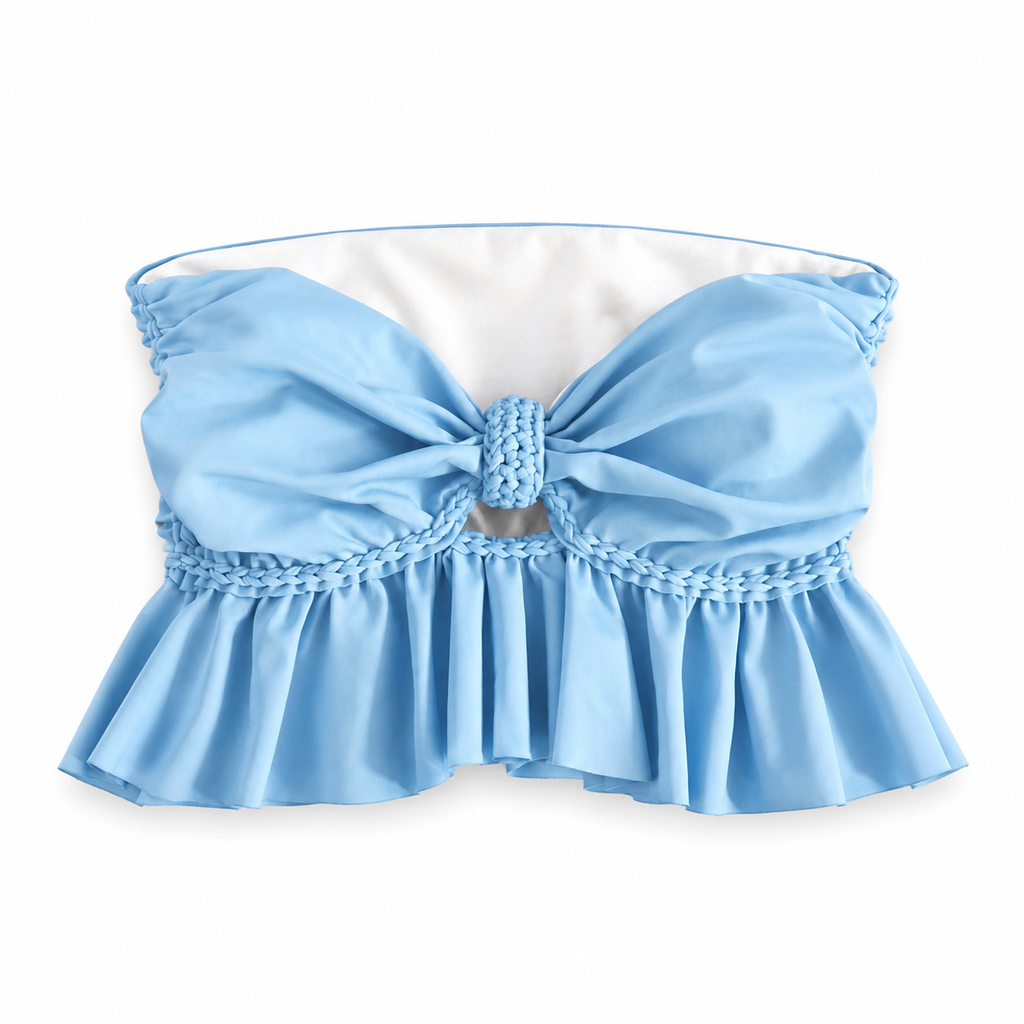 Reversible handmade light blue ruffle bow crochet tube top 