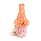 Handmade petal pink and poppy orange crochet floral mini bag with magnolia cream cascading petal bells. 