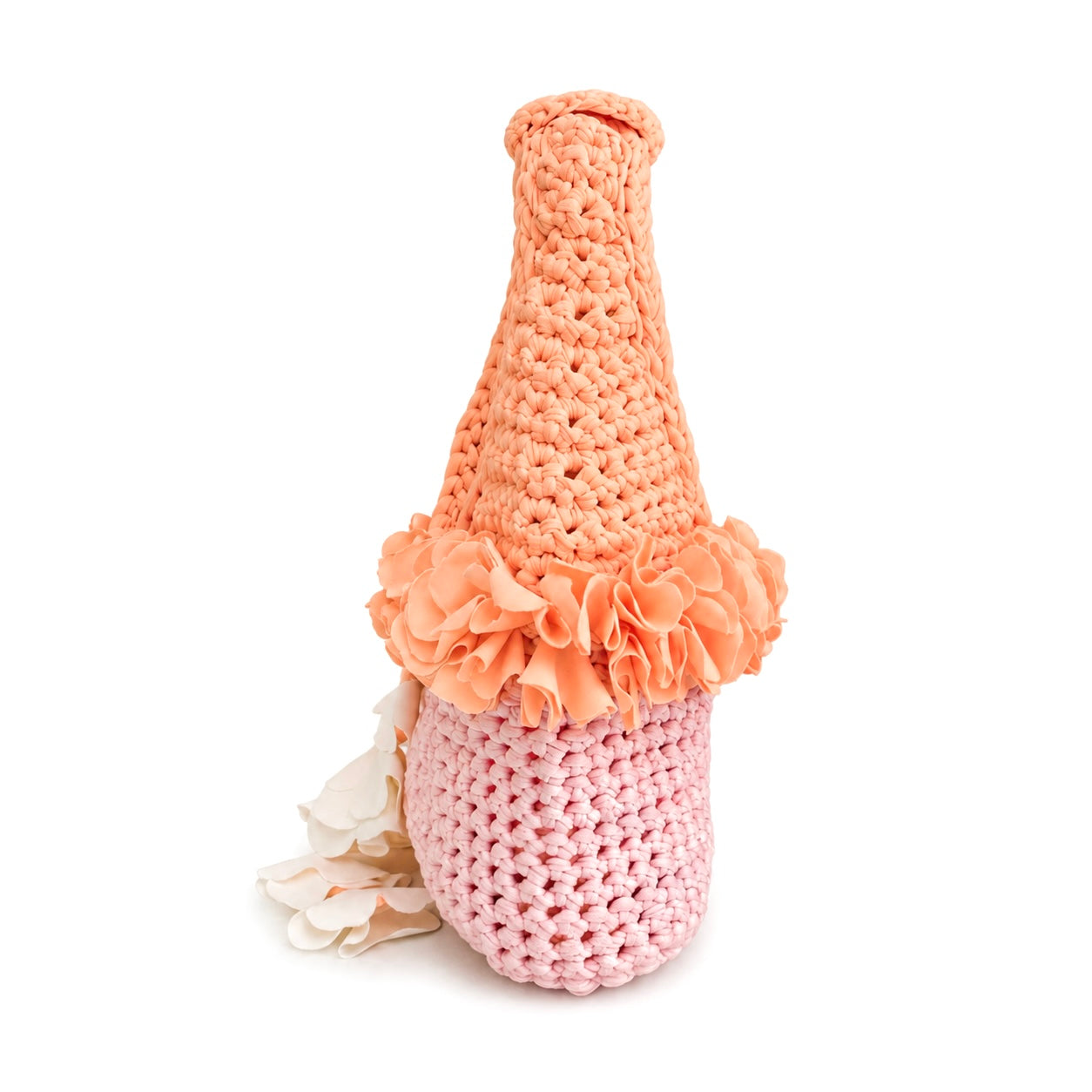 Handmade petal pink and poppy orange crochet floral mini bag with magnolia cream cascading petal bells. 