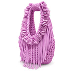 Orchid pink purple hand-crocheted Flower Lei Mini bag with cascading floral ruffles and fringe, featuring a braided handle and sculptural mini silhouette.