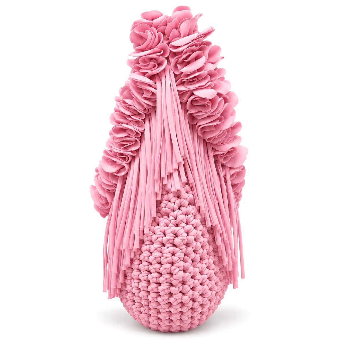 Petal pink hand-crocheted Flower Lei Mini bag with cascading floral ruffles and fringe, featuring a braided handle and sculptural mini silhouette.