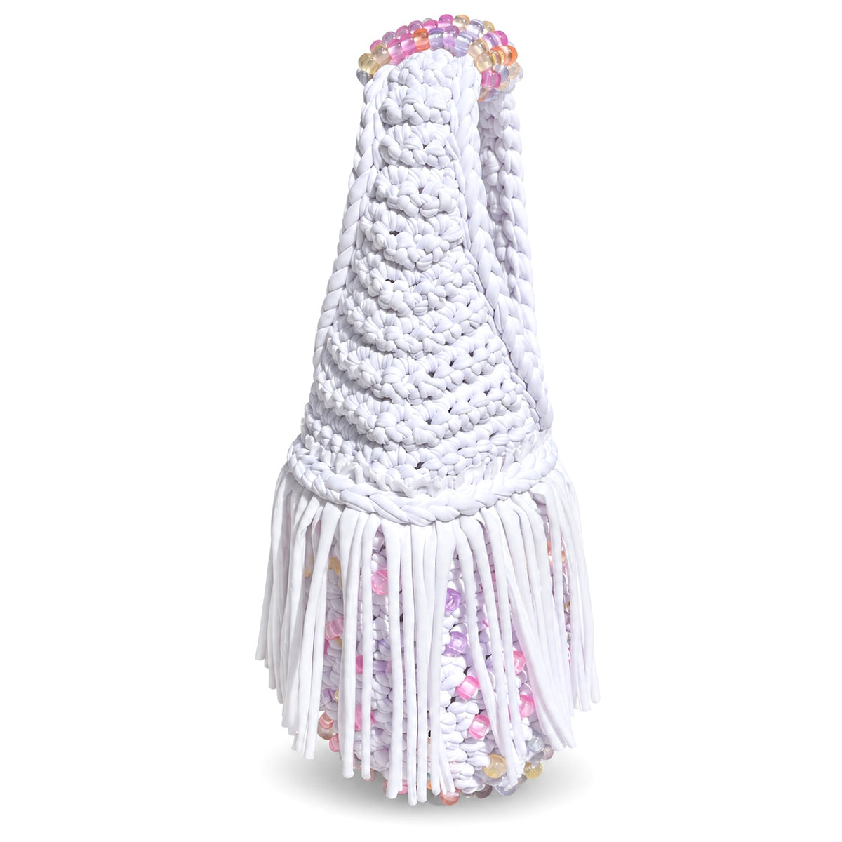 Gardenia white handmade crochet fringe mini bag with UV-reactive beads transforms into pink, purple, peach and pearly tones in sunlight.