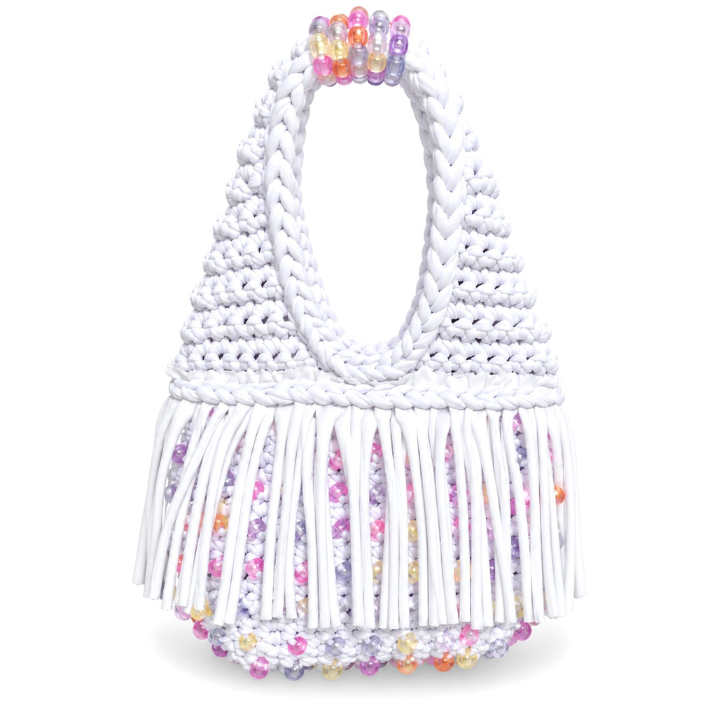 Gardenia white handmade crochet fringe mini bag with UV-reactive beads transforms into pink, purple, peach and pearly tones in daylight and glow-in-the-dark, fluorescent glowing green tones at nighttime. 