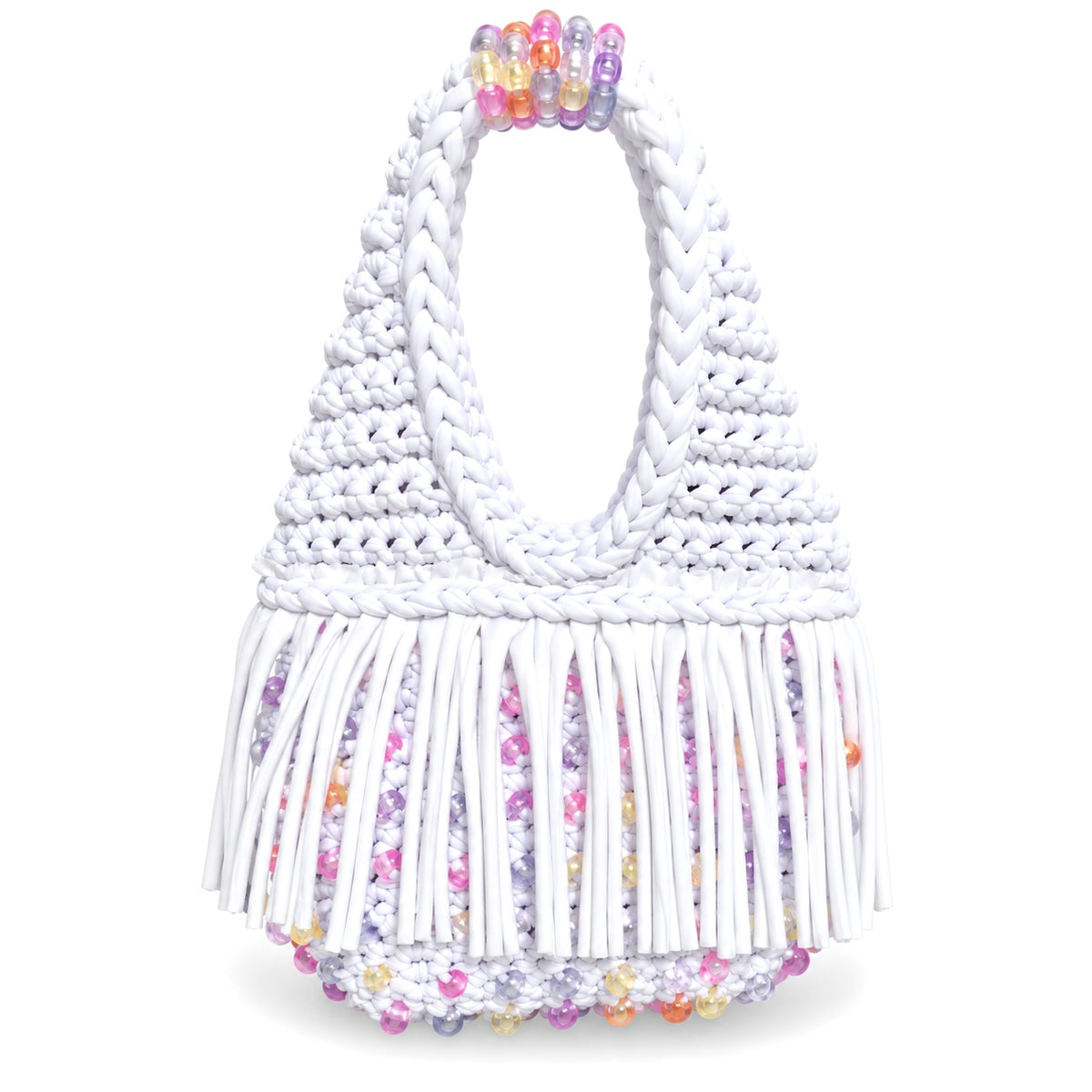 Gardenia white handmade crochet fringe mini bag with UV-reactive beads transforms into pink, purple, peach and pearly tones in daylight and glow-in-the-dark, fluorescent glowing green tones at nighttime. 
