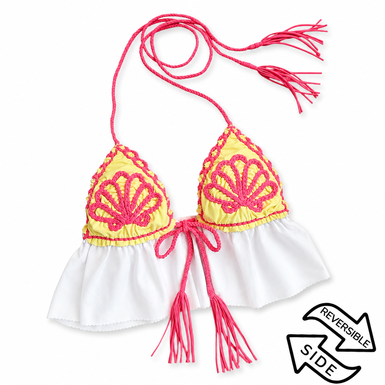 Handmade hot pink and white tropical seashell crochet triangle halter top