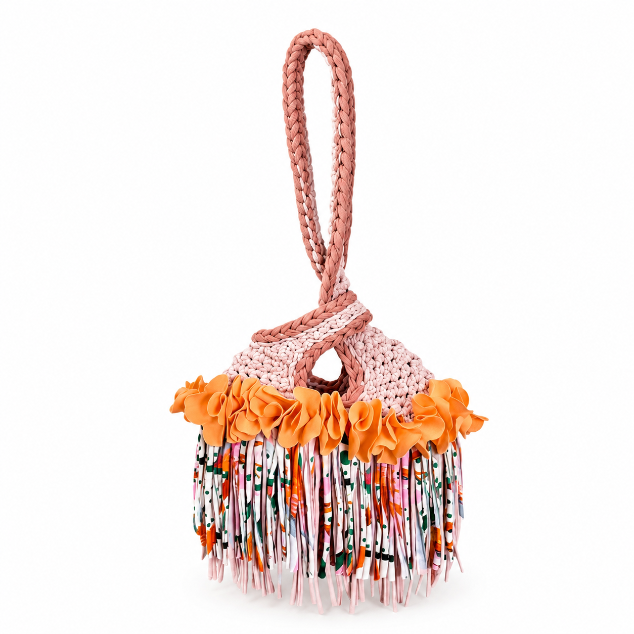 Handmade desert bloom tan crochet flower fringe mini swing bag