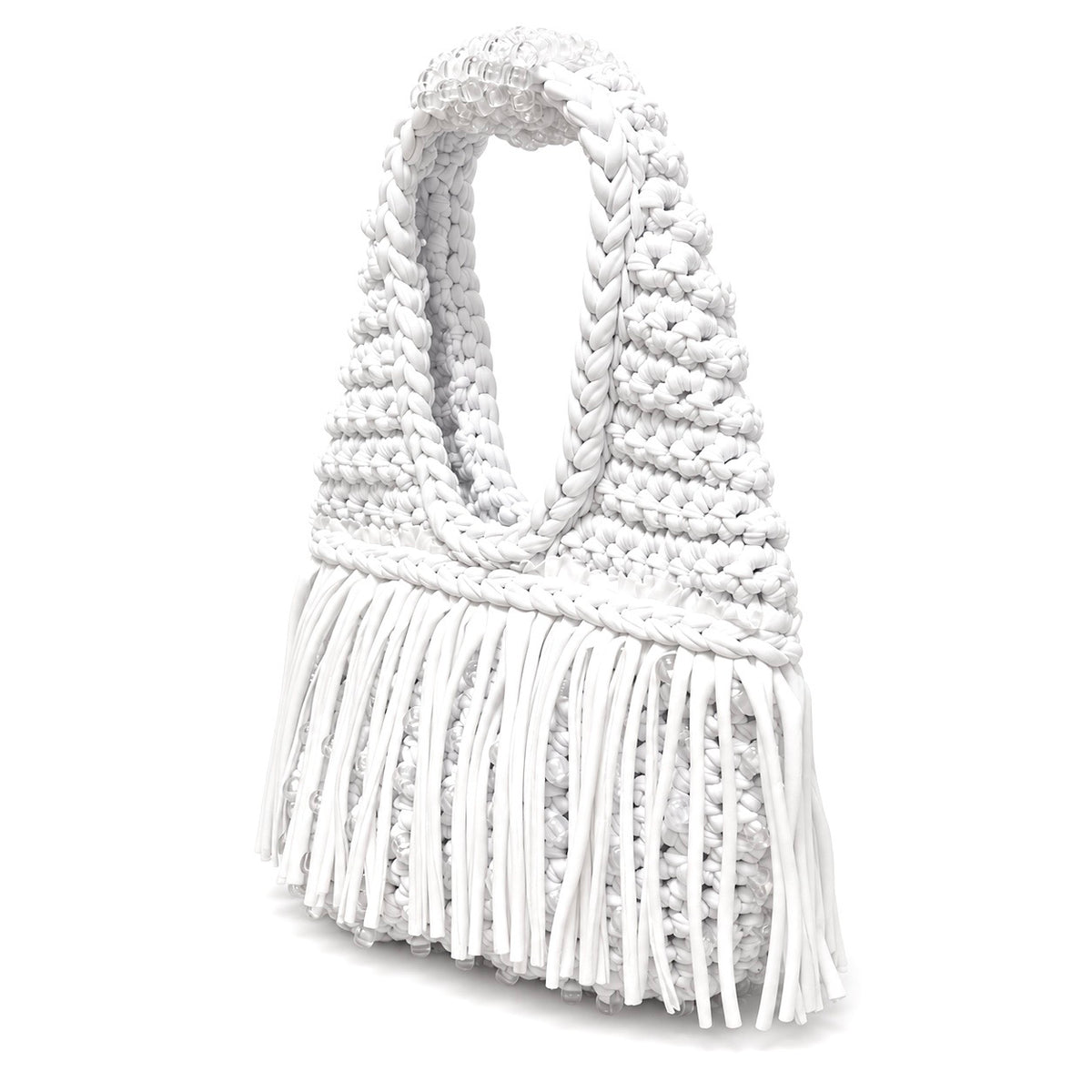 Gardenia white handmade crochet fringe mini bag with UV-reactive beads transforms into pink, purple, peach and pearly tones in sunlight.