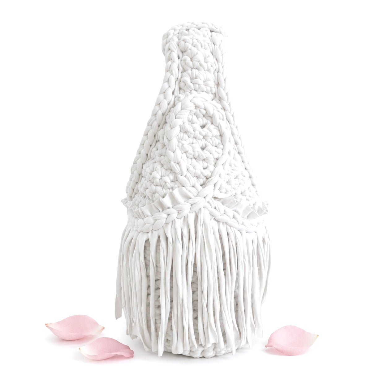 Handmade Gardenia white crochet fringe mini bag made with stretch nylon/spandex. 