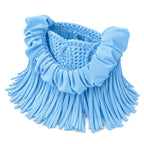 Hydrangea light blue handmade crochet Cha Cha Mini bag featuring a crescent-shaped body, braided loop detailing, ruched scrunchie handle and flowing fringe. 