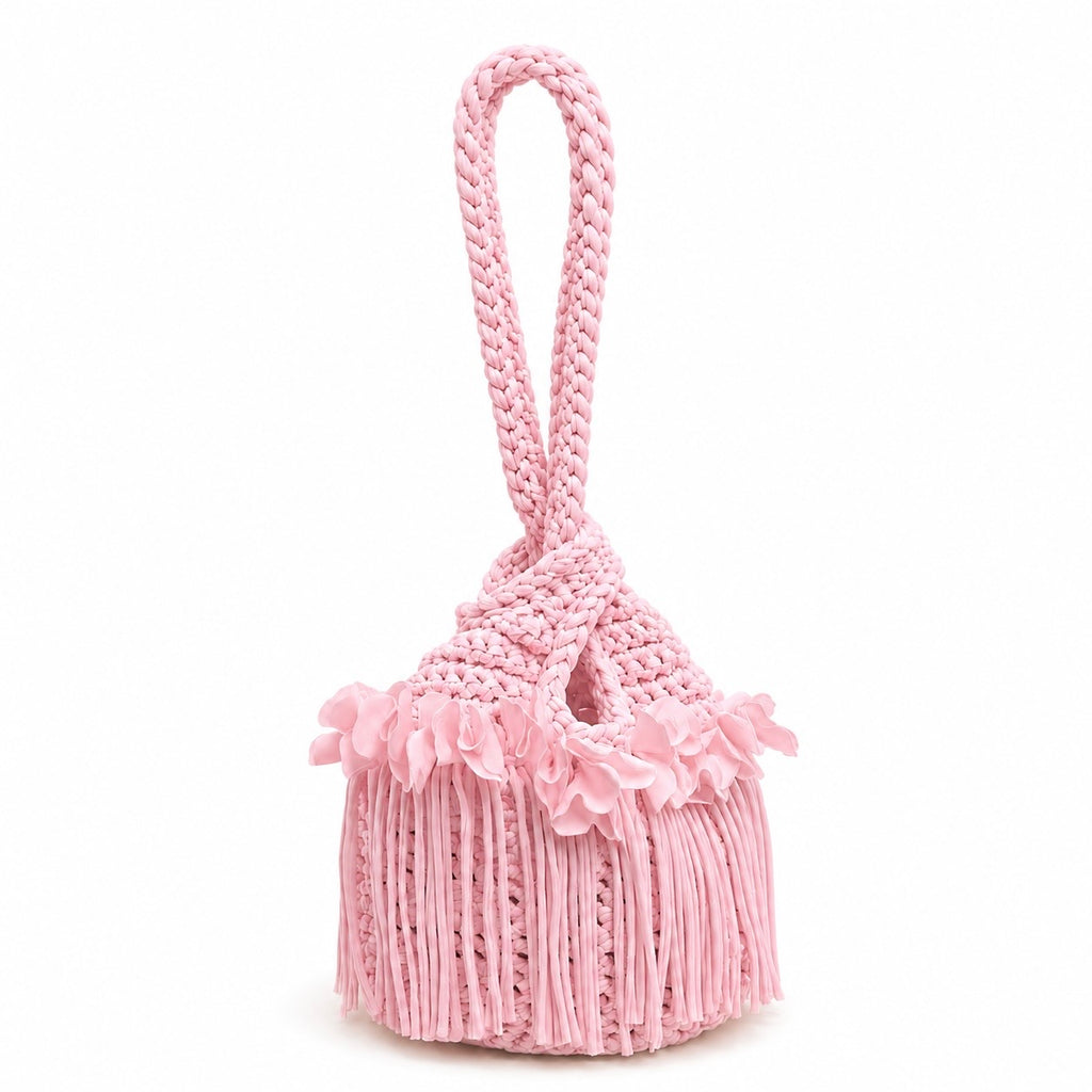 Handmade petal pink crochet flower fringe mini swing bag