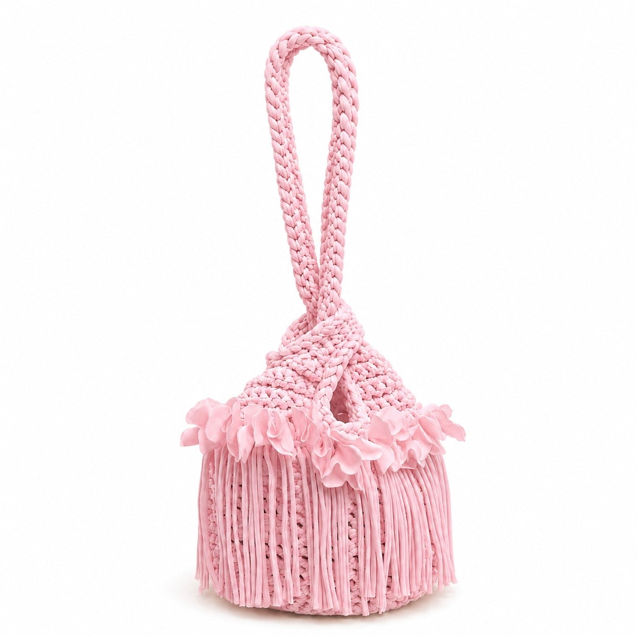 Handmade petal pink crochet flower fringe mini swing bag