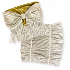 Reversible handmade metallic silver fringe bow tube top and mini skirt set
