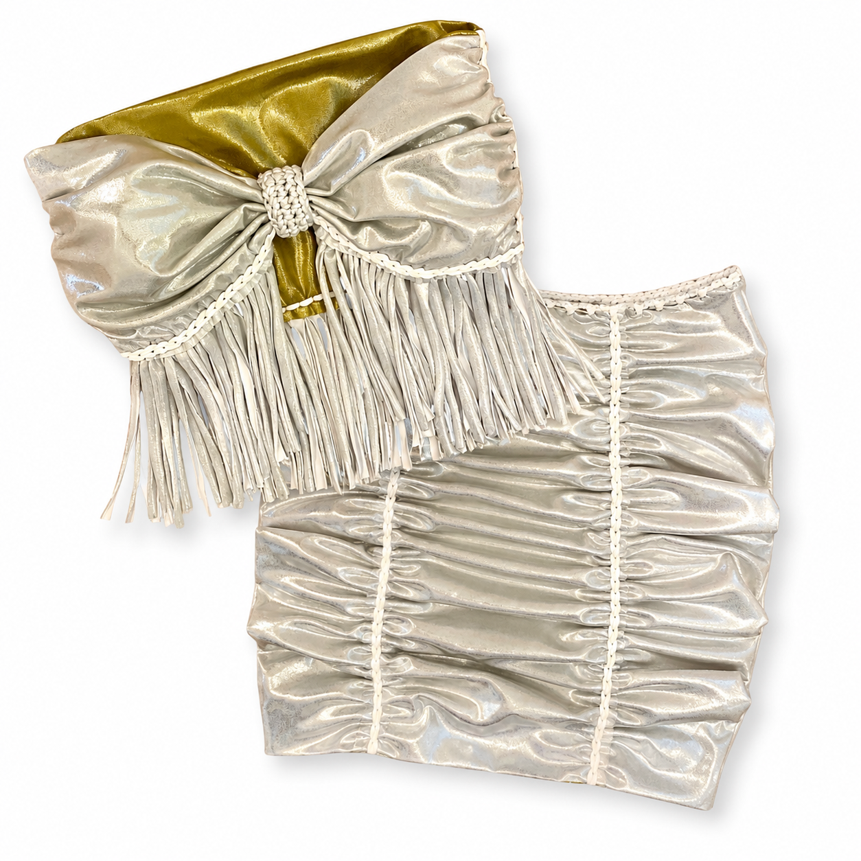 Reversible handmade metallic silver fringe bow tube top and mini skirt set