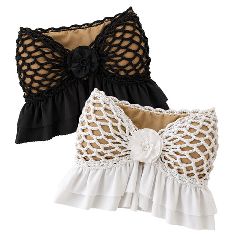 Handmade crochet rosette black & white strapless floral ruffle tube top