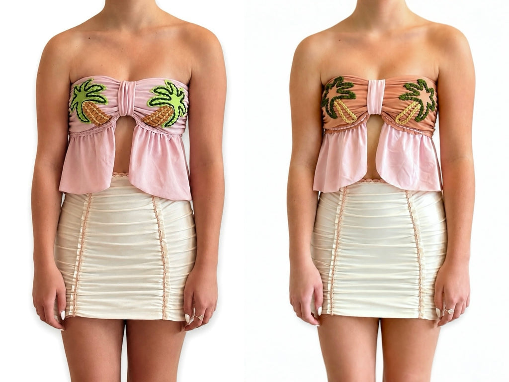 Handmade pink tropical palm tree crochet tube top and mini skirt matching set