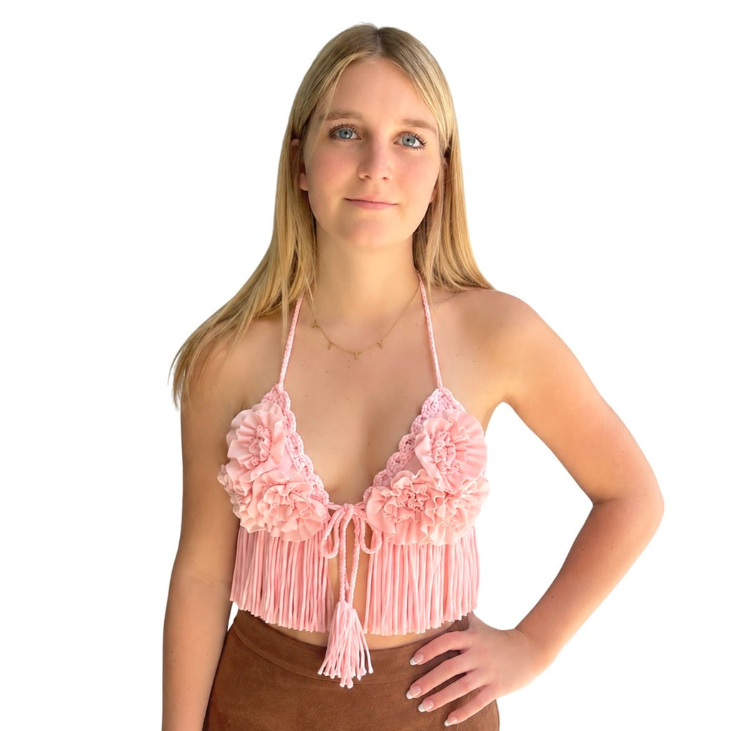 Petal pink floral rosette triangle halter top with hand-crocheted details and fringe trim. 