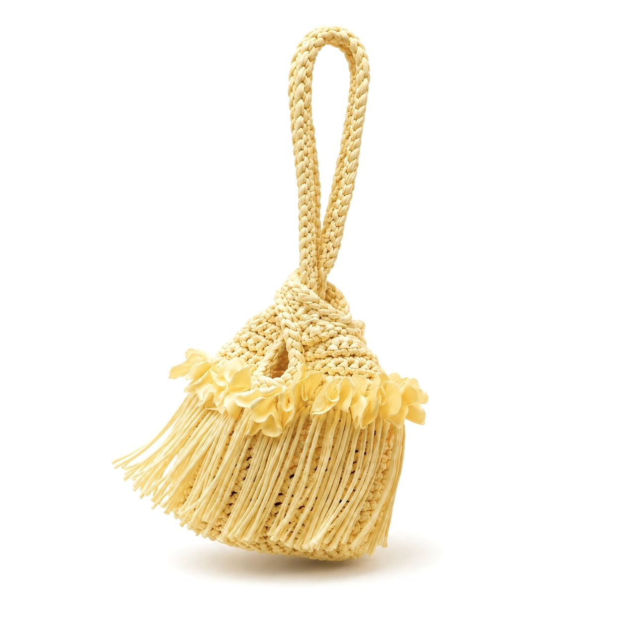 Handmade daffodil yellow crochet flower fringe mini swing bag