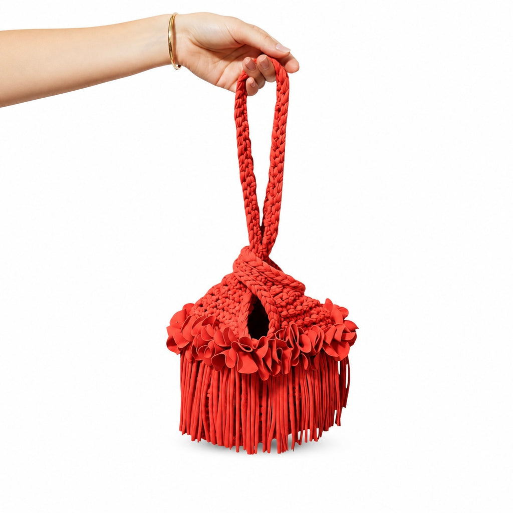 Crochet Tulip red flower fringe mini swing bag, handmade with stretch nylon/spandex. 