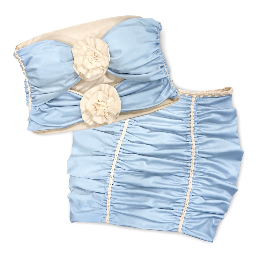 Reversible handmade hydrangea blue and magnolia cream, double rose bandeau tube top and mini skirt set.