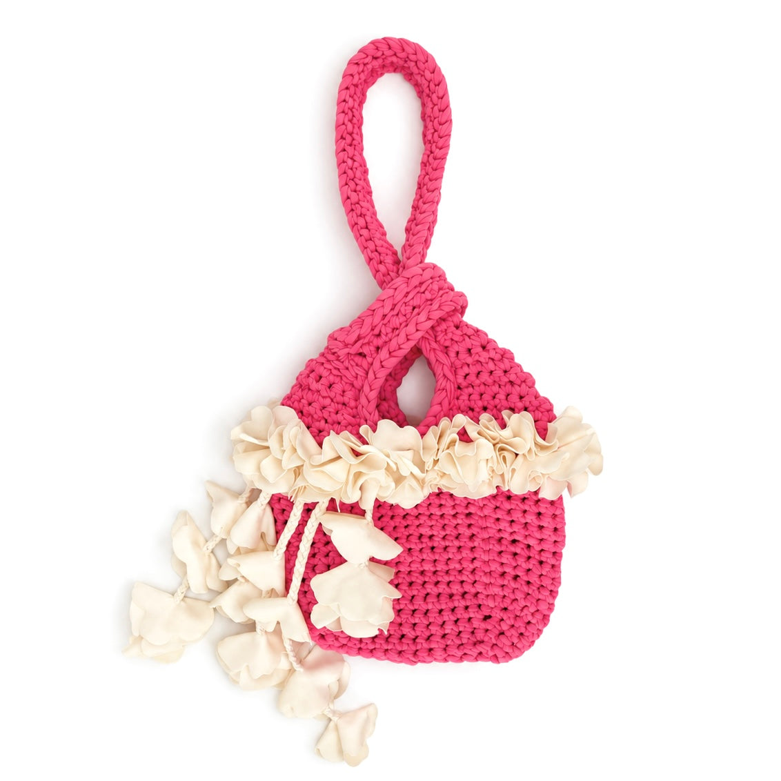 Handmade hibiscus hot pink and magnolia cream crochet petal bell floral mini bag