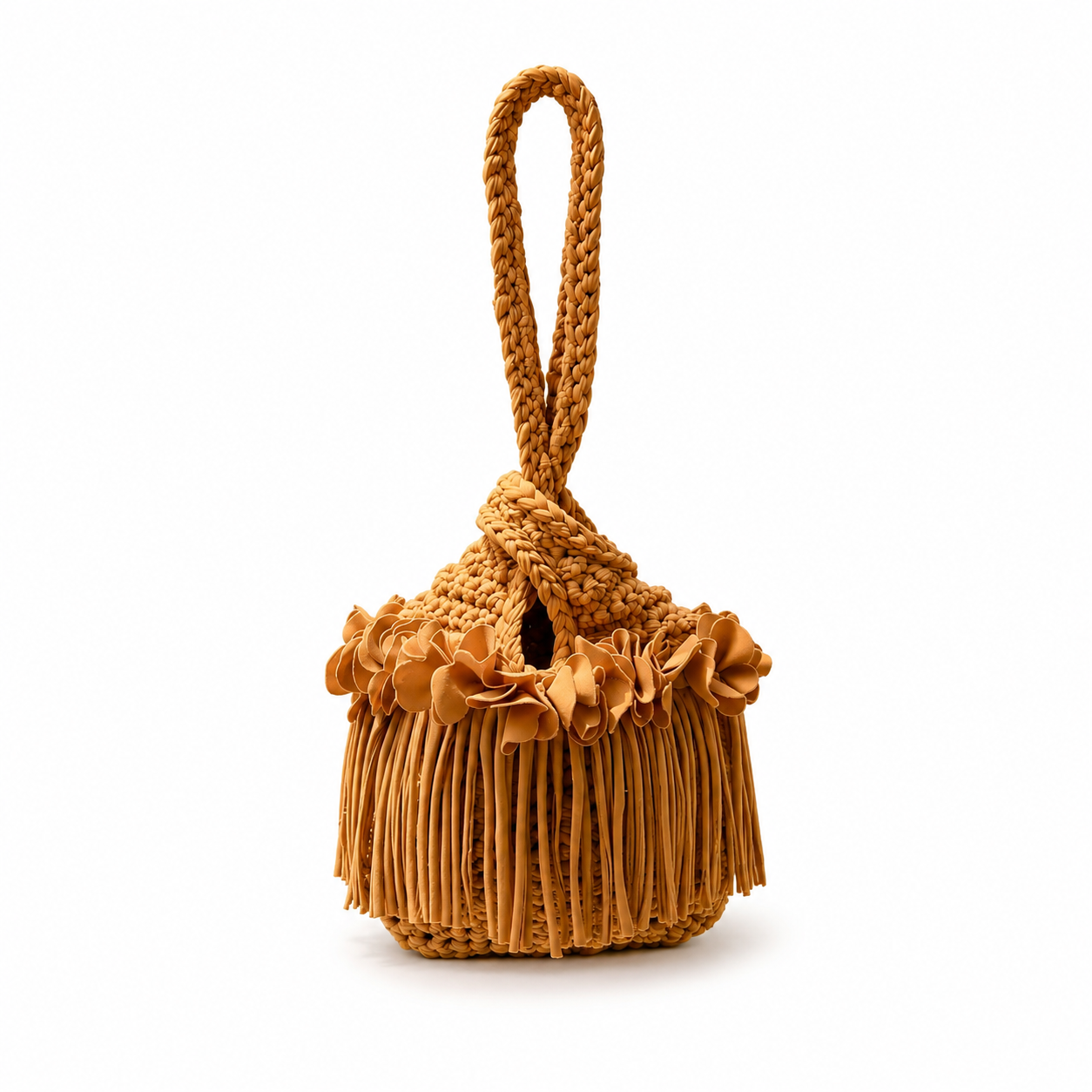 Handmade hazelnut brown crochet flower fringe mini swing bag
